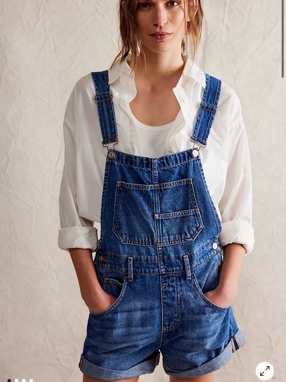 Free People We the Free Denim Short Overalls - Blue